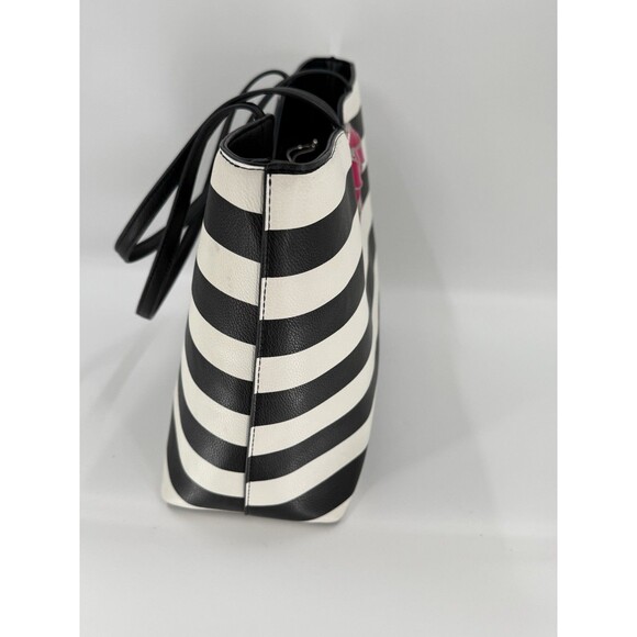 Betsey Johnson KITSCH Black White Striped Pink Bow Large Tote Shoulder Bag EUC - Picture 9 of 16